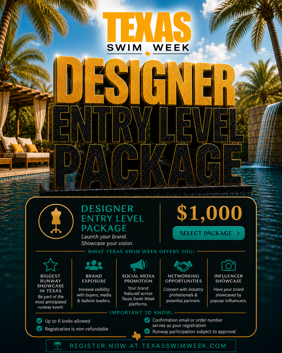 Official Texas Swim Week Designer Entry Level registration for Saturday 9/19/26 includes up to 6 looks, brand exposure, and influencer showcase opportunities. Confirmation email or order number serves as your registration credential for entry.